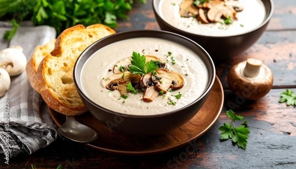 Fototapeta Creamy mushroom soup in bowls with toasted bread