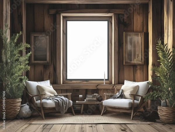 Fototapeta Blank Poster Frame Mockup Rustic Lodge Style Wooden Texture Minimalist