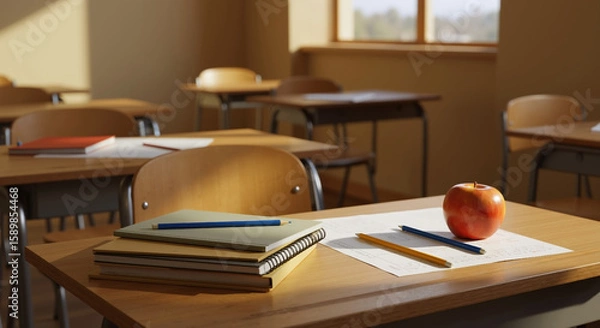 Fototapeta School classroom desk with red apple, notebooks and pencils in warm sunlight. Educational supplies arranged on wooden table with golden light through windows. Learning environment concept