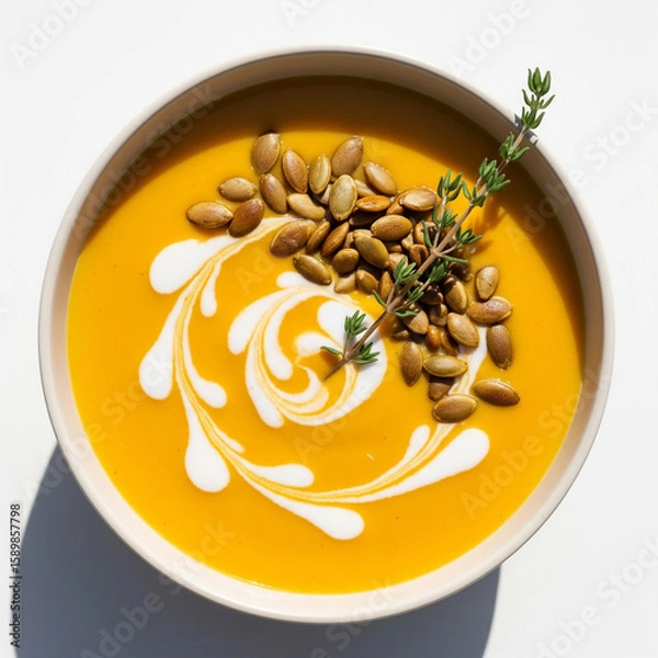 Fototapeta Overhead inviting bowl of creamy pumpkin soup with swirl of coconut milk, pumpkin seeds, and thyme sprig garnish. Warm daylight copy