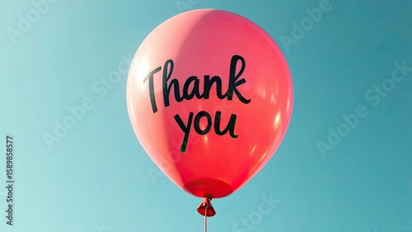 Obraz A vibrant red balloon with "Thank You" text floats against a clear blue sky, symbolizing gratitude, celebration, and appreciation. Festive events, greeting cards. Positive messages.