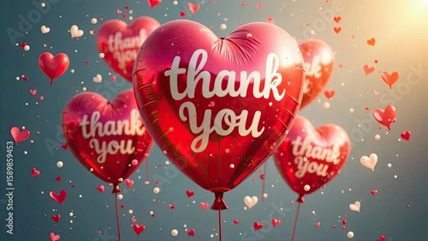 Obraz A vibrant scene of multiple glossy red balloons with "Thank You" text floating amidst confetti, symbolizing celebration, gratitude, and joy. Events, parties. Festive greetings.