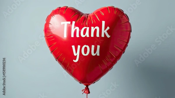 Obraz A glossy red heart-shaped balloon with "Thank You" written in white floats against a soft blue background, symbolizing gratitude, love, and appreciation. Celebrations, Cards, and gifts.