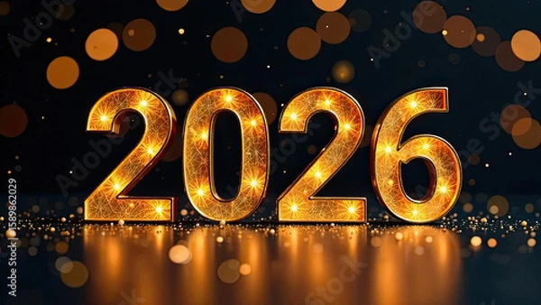 Obraz Glowing golden "2026" numbers with sparkling lights on a reflective surface. New Year celebrations, holiday events, party invitations. Festive marketing campaigns welcoming the new year.
