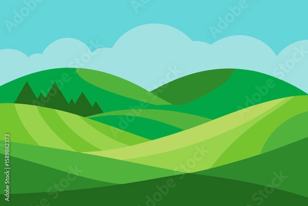 Fototapeta Stylized rolling green hills and fields under a blue sky with clouds