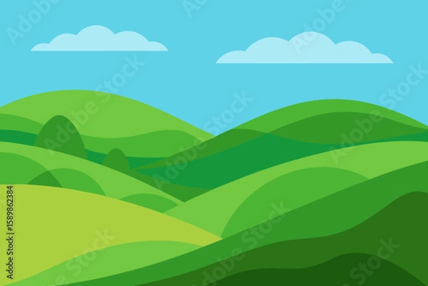 Fototapeta Stylized green rolling hills under a clear blue sky with fluffy clouds