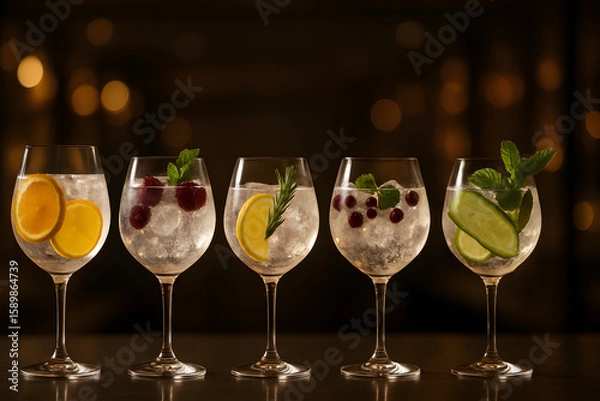 Fototapeta Refreshing gin and tonic cocktails with citrus and berries on dark bar top