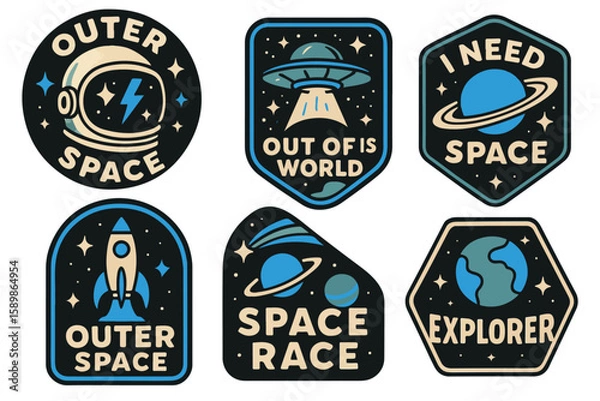 Obraz Retro Outer Space Badge Set, UFOs, Rockets, Planets and Galaxy Quotes. Perfect for Stickers, Patches, T-Shirts and Other Designs