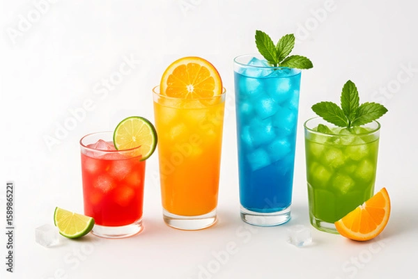 Fototapeta Colorful summer cocktails drinks with ice and citrus fruit refreshment