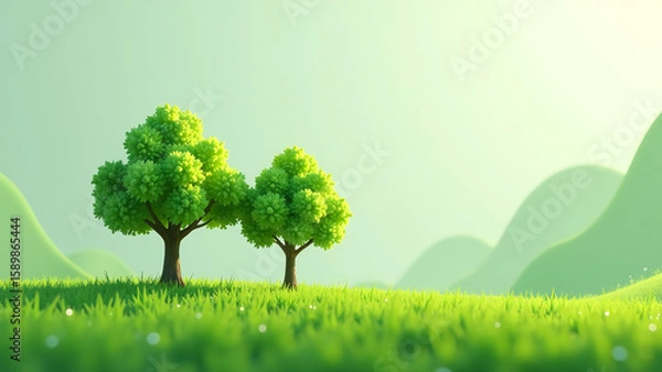 Fototapeta trio minimalist green trees stand sentinel amidst lush emerald grassy field set soft diffused natural light