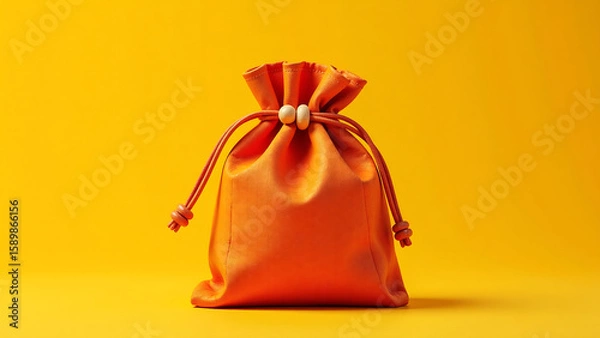 Fototapeta vibrant orange pouch intricate texture sits atop bright yellow background anchored rustic wooden toggle adds touch