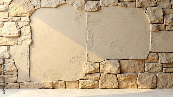 Fototapeta weathered stone wall stretches across frame rugged texture warm tones evoking centuries history soft