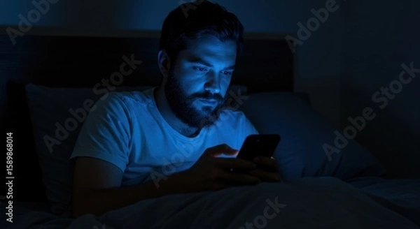 Fototapeta Man Using Smartphone in Bed at Night
