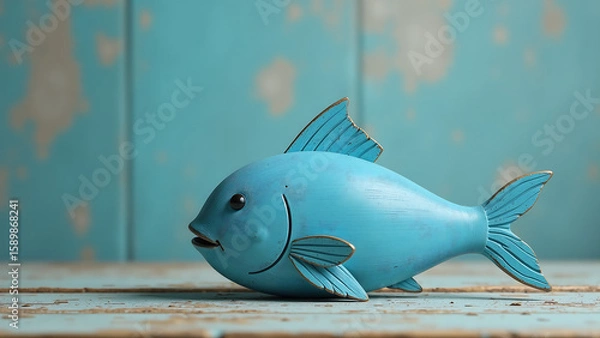 Fototapeta whimsical blue wooden fish sculpture sits serenely atop weathered distressed rustic background surrounded soft warm natural light