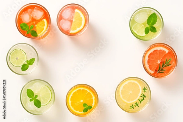 Fototapeta Refreshing summer cocktails drinks with citrus fruits and ice top view