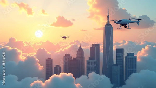 Fototapeta aerial view cityscape dawn featuring sleek skyscrapers hovering paper art helicopters drones amidst wispy clouds set