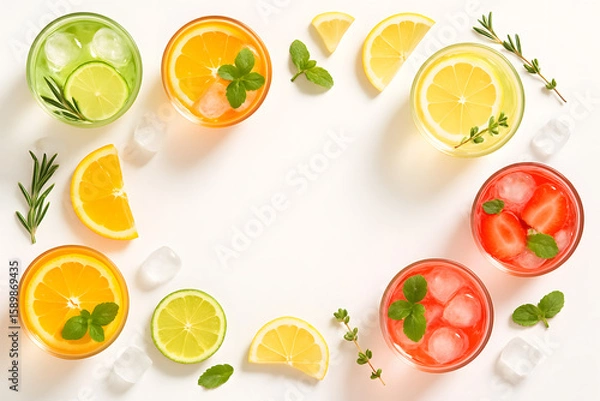 Fototapeta Refreshing summer cocktails with citrus fruit and ice top view flat lay