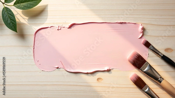 Fototapeta soft pastel hues gouache paint spill across minimalist wooden surface surrounded flat lay brushes natural textures subtle shadows
