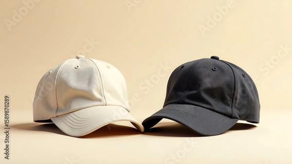 Fototapeta two worn beige baseball caps sit side side soft background subtly contrasting darker sleeker black cap
