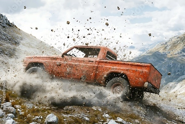 Obraz Off-road pickup truck driving through rugged mountain terrain with dust and rock debris flying