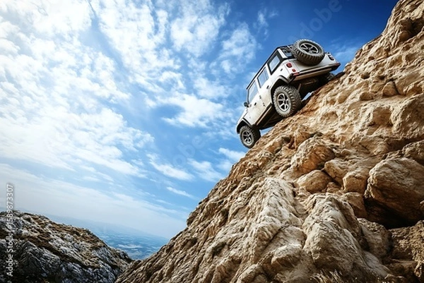 Obraz White SUV Climbing Steep Rocky Mountain Against Blue Sky for Adventure and Exploration