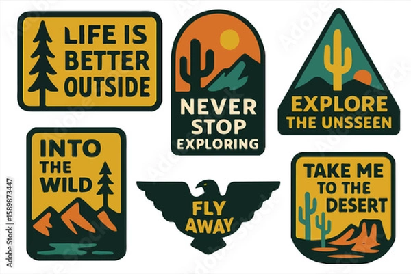 Obraz Desert Adventure Badge Set ,Retro Outdoor Patches with Cactus, Mountains, Eagle & Motivational Slogans, Perfect for Stickers, Patches, T-Shirts & Travel-Themed Designs

