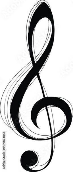 Fototapeta A black and white sketch of a treble clef with artistic line variations and bold shading elements