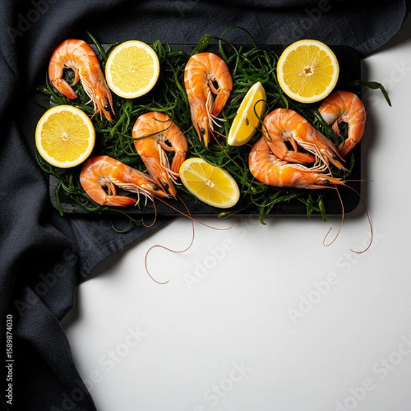 Fototapeta Overhead rich seafood board with fresh shrimp, lemon wedges, and seaweed, on dark textured backdrop. Dramatic side light copy