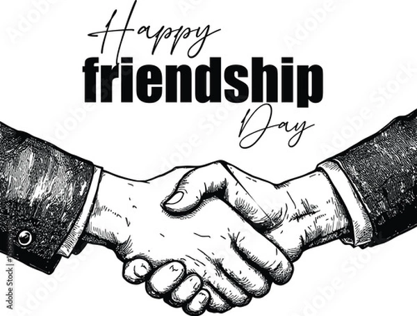 Fototapeta A handshake illustration with happy friendship day text in black and white monochrome design style