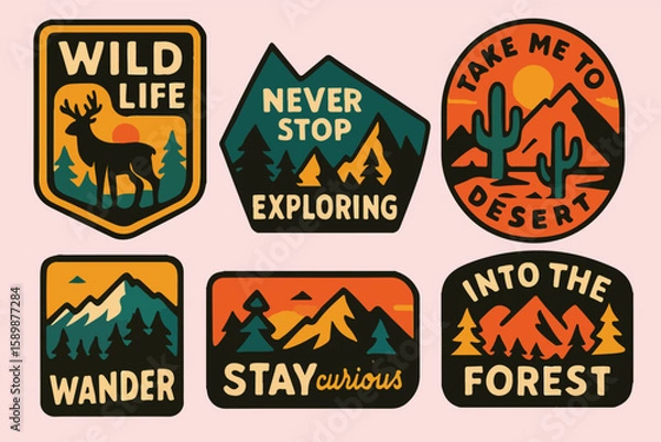 Obraz Wild Adventure Badge Set,  Retro Wilderness Patches with Desert, Mountains, Forest & Motivational Quotes,  Perfect for Stickers, Patches, T-Shirts & Outdoor Lifestyle Designs