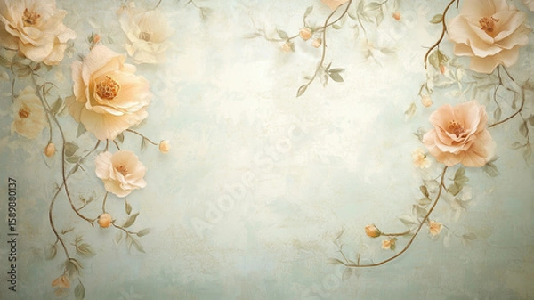 Obraz Ethereal floral vintage wallpaper with fantasy-style flowers and ornamental vines, balanced colors and soft lighting, elegant and timeless digital print