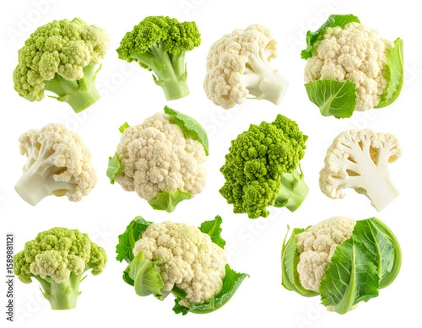 Obraz Fresh Organic Cauliflower Heads with Green Leaves, isolated on a transparent background