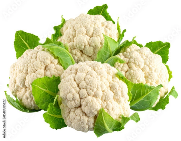 Obraz Green Organic Cauliflower with Fresh Leaves, isolated on a transparent background