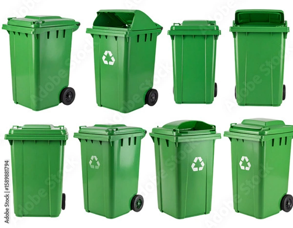 Obraz Multiple Views of Green Garbage Bin for Recycling, isolated on a transparent background