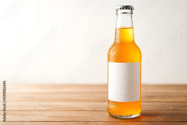 Fototapeta Cold beer bottle mockup on wood table with blank label refreshment