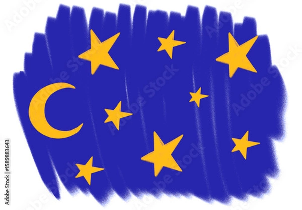 Fototapeta A dreamy, childlike illustration of the night sky featuring a crescent moon and yellow stars on a deep blue background. The whimsical style creates a calm, magical bedtime atmosphere.