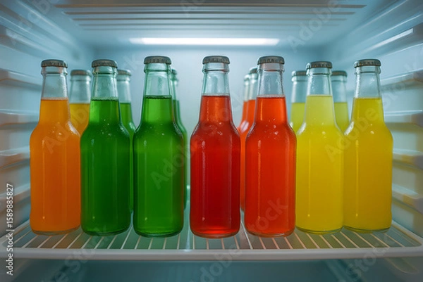 Fototapeta Colorful soda bottles in fridge refreshing drinks cold beverage variety