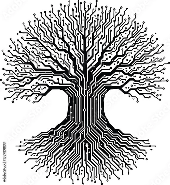 Fototapeta A black and white circuit board tree with roots and branches on a white isolated background art