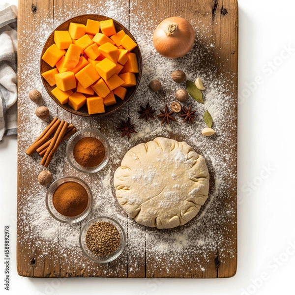 Fototapeta Overhead rustic scene of squash pie ingredients — cubed pumpkin, spices, dough — on aged wood table. Warm golden-hour light, scattered flour for texture copy