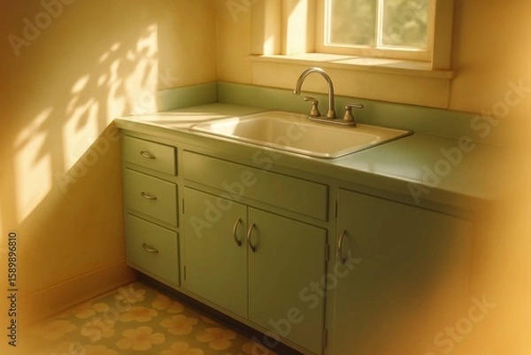 Fototapeta Cozy retro kitchen with pastel cabinets illuminated by soft sun rays