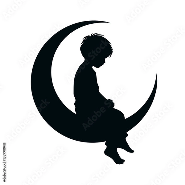 Fototapeta Silhouette of a boy sitting on crescent moon, black and white illustration, dreamy night and childhood imagination concept