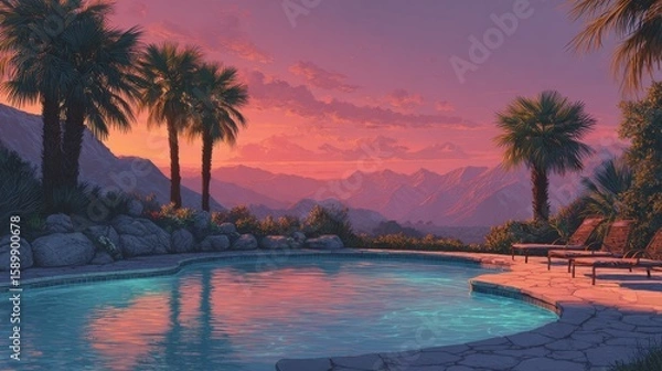Fototapeta Sunset serenity by the pool, palm trees and mountains.