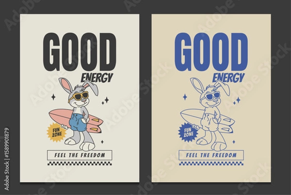 Fototapeta retro 30s poster with cool surfing bunny character, vector illustration