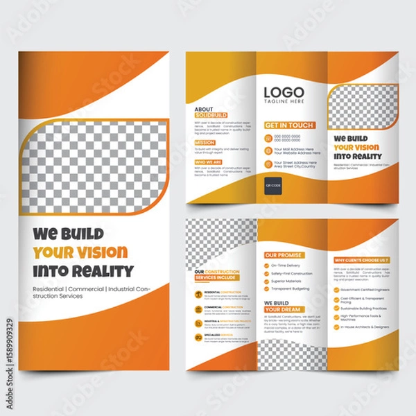 Obraz Modern Construction Trifold Brochure Template – Bold Layout Design for Contractor & Engineering Services (EPS Format