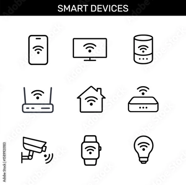 Fototapeta Set of smart devices outline icons with smartphone, smart TV, speaker, router, smart home, hub, camera, smartwatch, and smart bulb