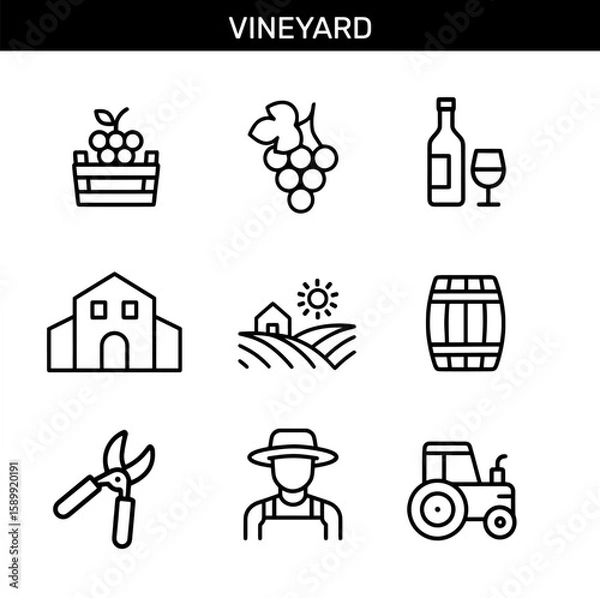 Fototapeta Set of vineyard outline icons with grape harvest, grape bunch, wine bottle, wine glass, winery, farm, wine barrel, pruning shears, farmer, and tractor