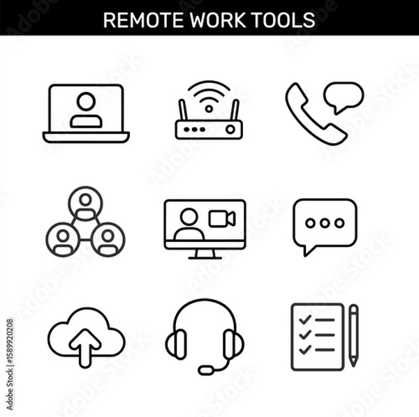 Fototapeta Set of remote work tools outline icons with laptop, wifi router, phone, chat bubble, team network, video call, cloud upload, support headset, and checklist