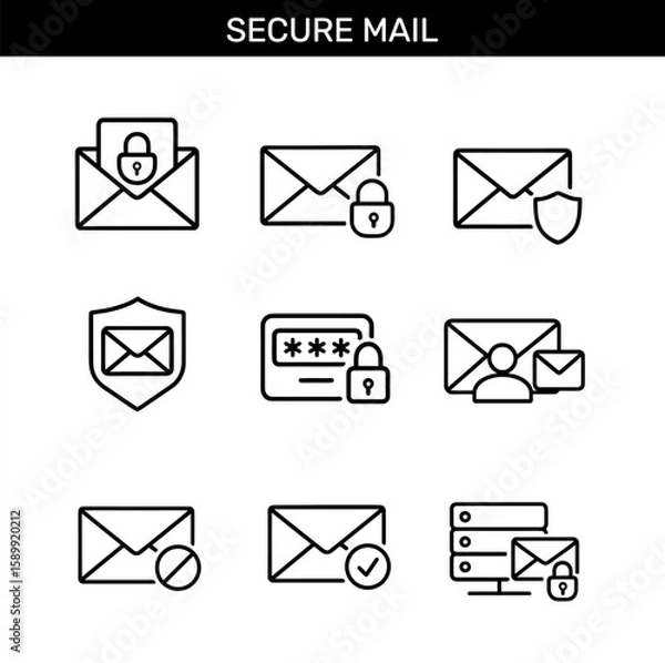 Fototapeta Set of black outline icons representing secure email communication, encryption, protection, verified message, and data security