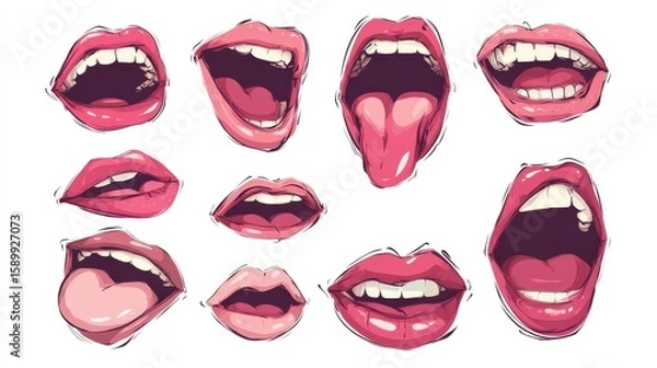 Fototapeta Cartoon talking mouth and lips expressions vector animations poses. Accent and pronunciation speak, tongue and articulate illustration, no logos, no brands