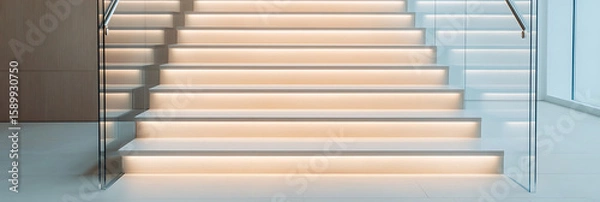 Obraz Illuminated Staircase: Modern design featuring a clean white staircase with subtle under-step lighting, creating a serene and elegant atmosphere.